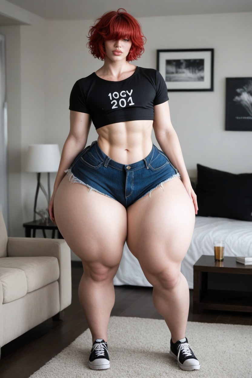 Massive Ass, Huge Thighs, Red Messy Bob Haircut With Full Bangs With Pointed Tips On The Sides Of The Hair Porno IA Gay