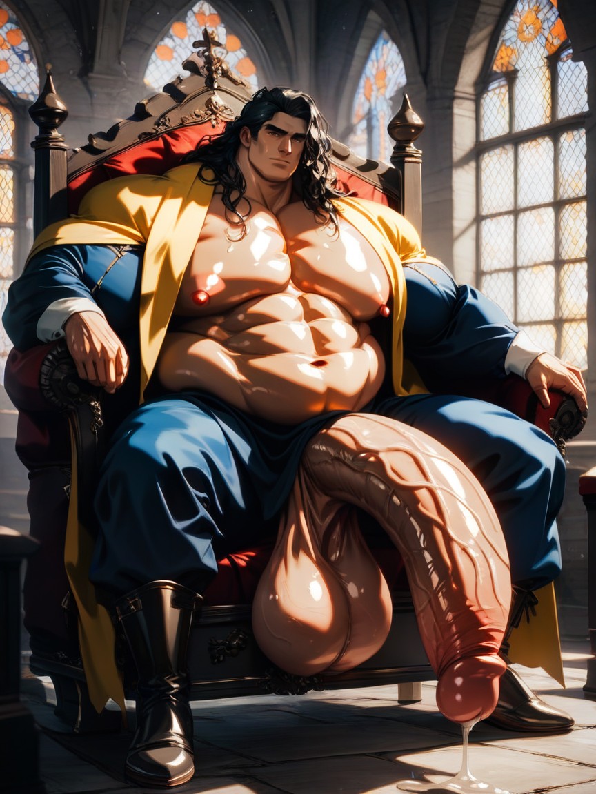Shiny Skin, Sitting Down Legs Spread, Gigantic Oversized Heavy Sagging Balls AI Gay Porn