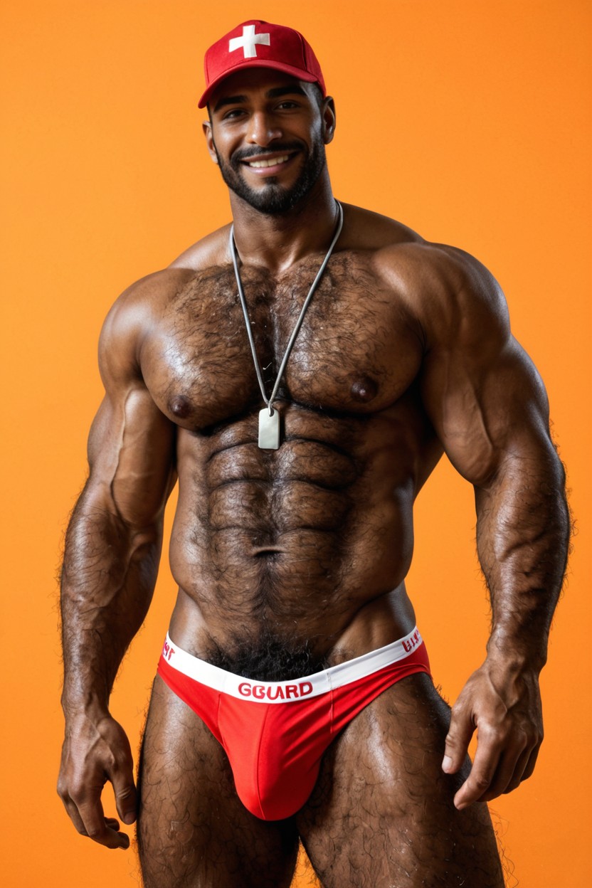 Wearing A Red Speedo, Piel Marrón Oscuro, Masculine Porno gay IA