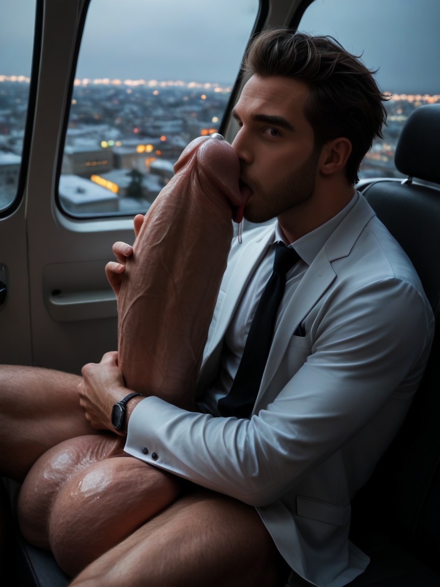 Clear Precum Drip On His Face And Mouth, Giant Glans Many Times Larger Than His Head, Close-up AI Gay Porn
