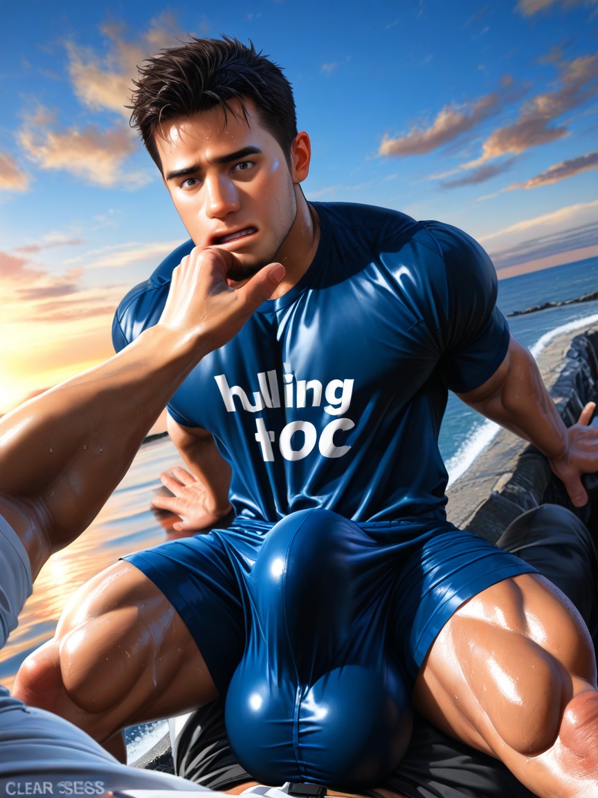 Detailed, Hyper Cock Hidden Behind Tightly Stretched Shirt Fabric, Lick Own Tip AI Gay Porn