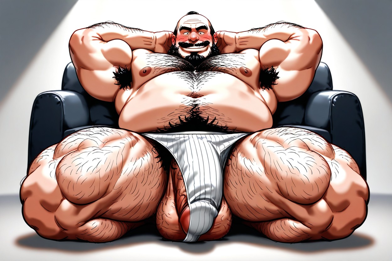 単純な背景, 正面図, Excessively Hairy Chest With Thick And Curly Pubic And Armpit Hair Bushes Visible ゲイAIポルノ