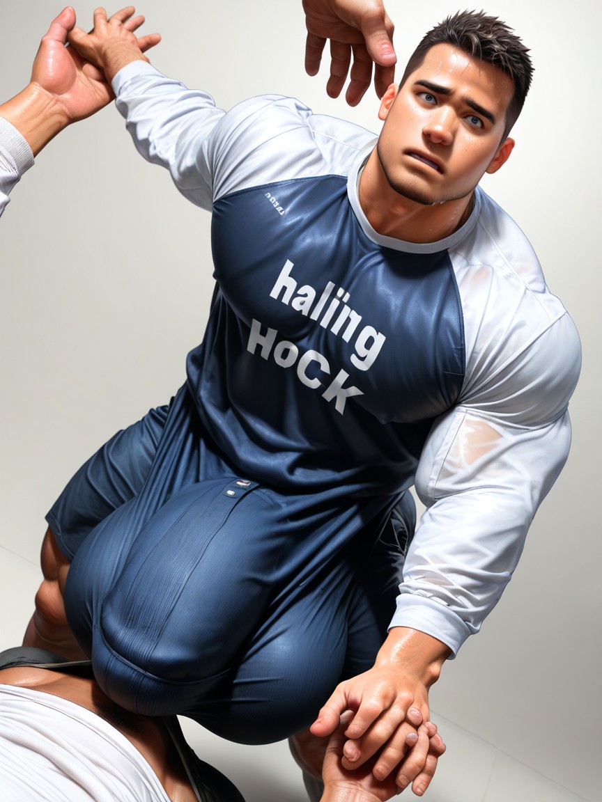 Uncut Hyper Bulge Much Bigger Than Leg, Angular Features, Detailed Pornografia gay com IA