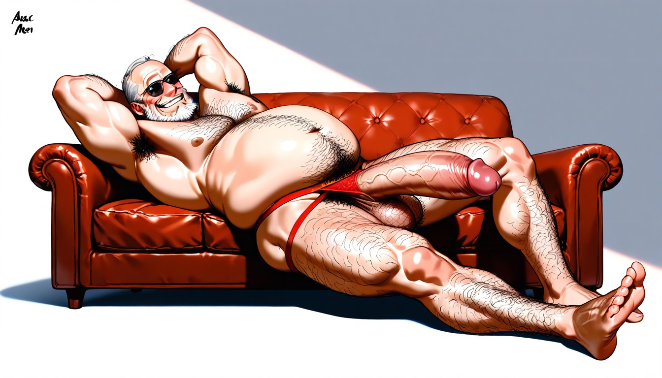 Masculine Handsome Face, Torn Clothes Wearing Corduroy Striped Textured White And Red Underwear Jockstrap, Hairy Furry Body Hair Porno IA Gay