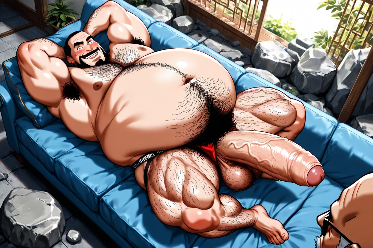 Gold Metal Cock Ring, Bouclé, Lying Back Relaxing Arms Behind Head Porno IA Gay