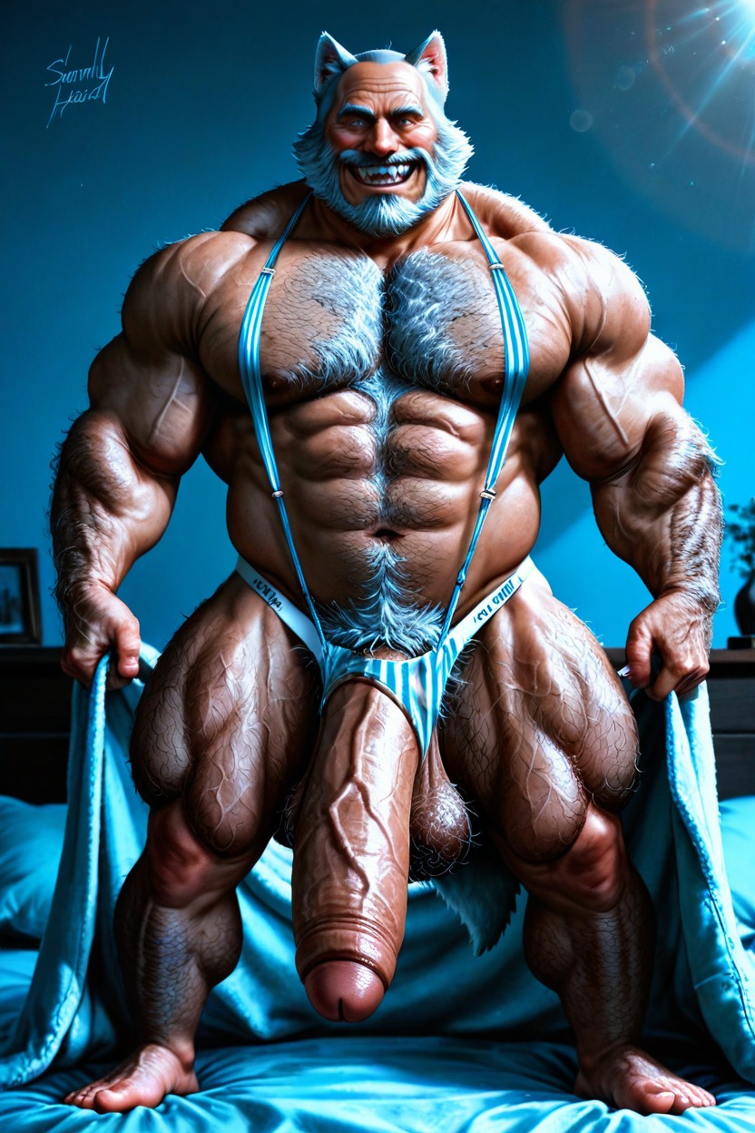 Hdr, Dimly Lit Room Huge Hairy Chested Mature Muscular Man, 強光 AI同性戀黃片