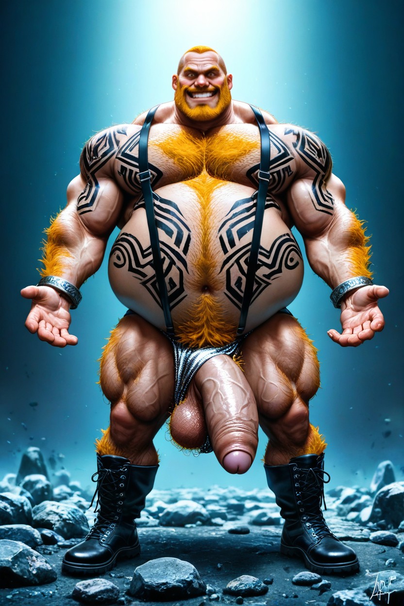 Dimly Lit Room Huge Hairy Chested Mature Muscular Man, Excessive Belly Hair, 破れた服 ゲイAIポルノ