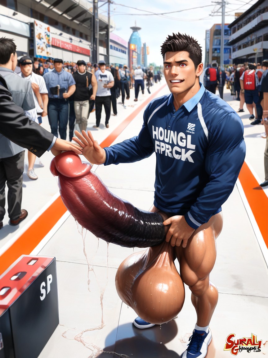 Absurd Impossibly Giant Uncut Hyper Erection Is Taller Than His Own Body, No Pants, Drooling ゲイAIポルノ