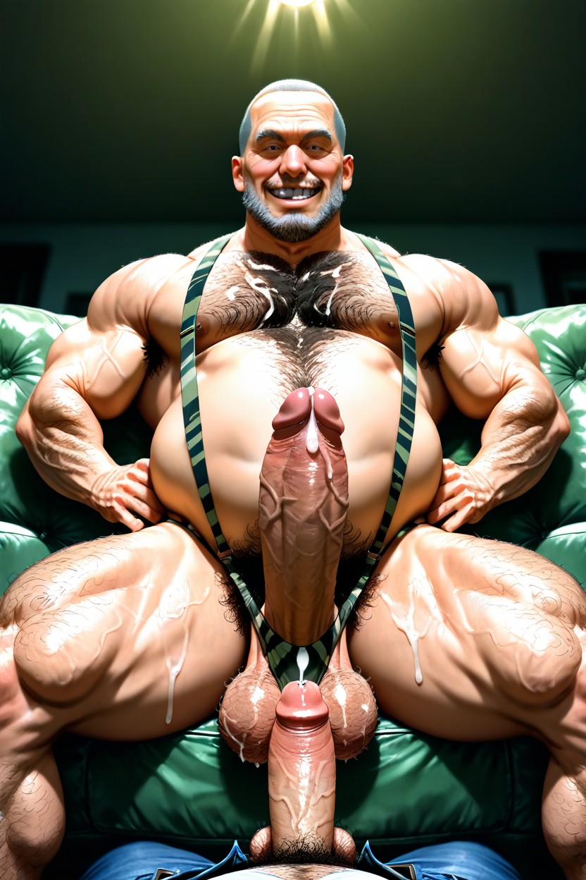 Cock Ring, Dimly Lit Room Huge Hairy Chested Mature Muscular Man, Thick AI Gay Porn