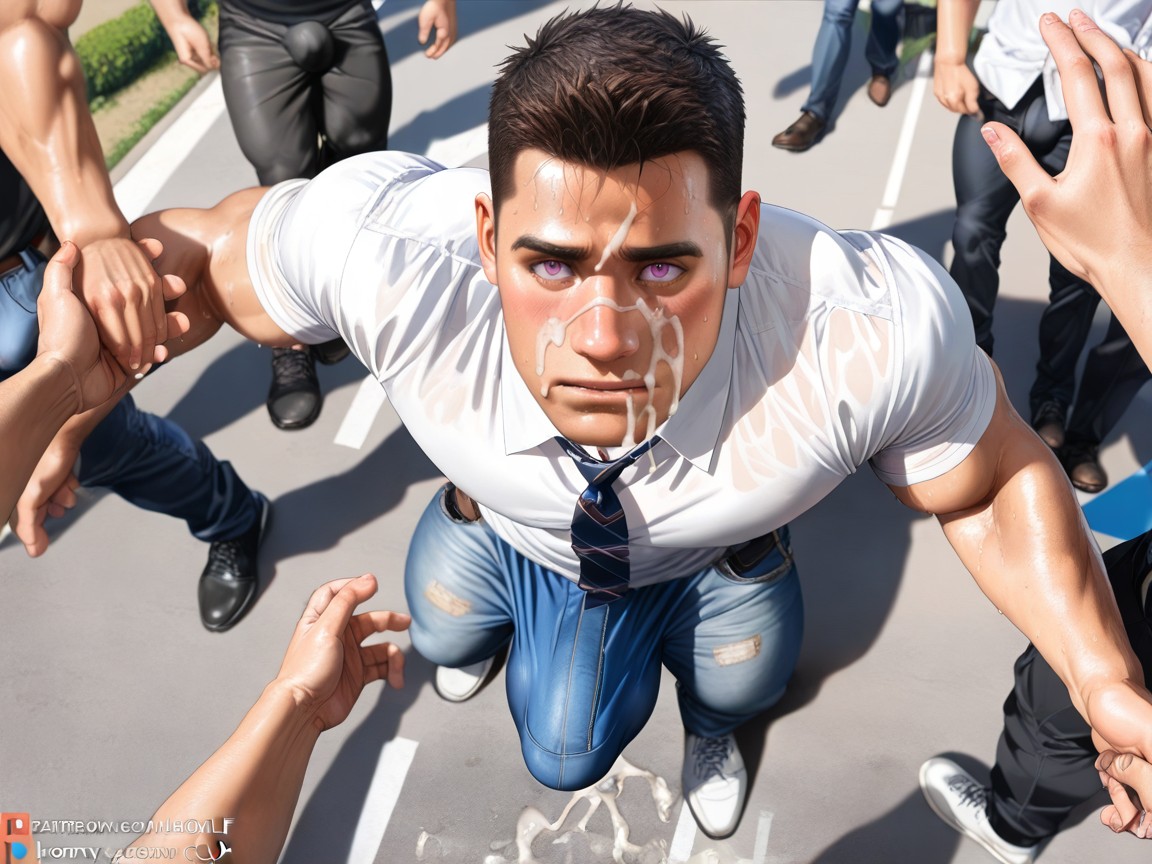 Only Men, Pink Eyes, Fully Erect Hyper Bulge Much Bigger Than Leg Is Tucked Horizontally In Jeans AI Gay Porn