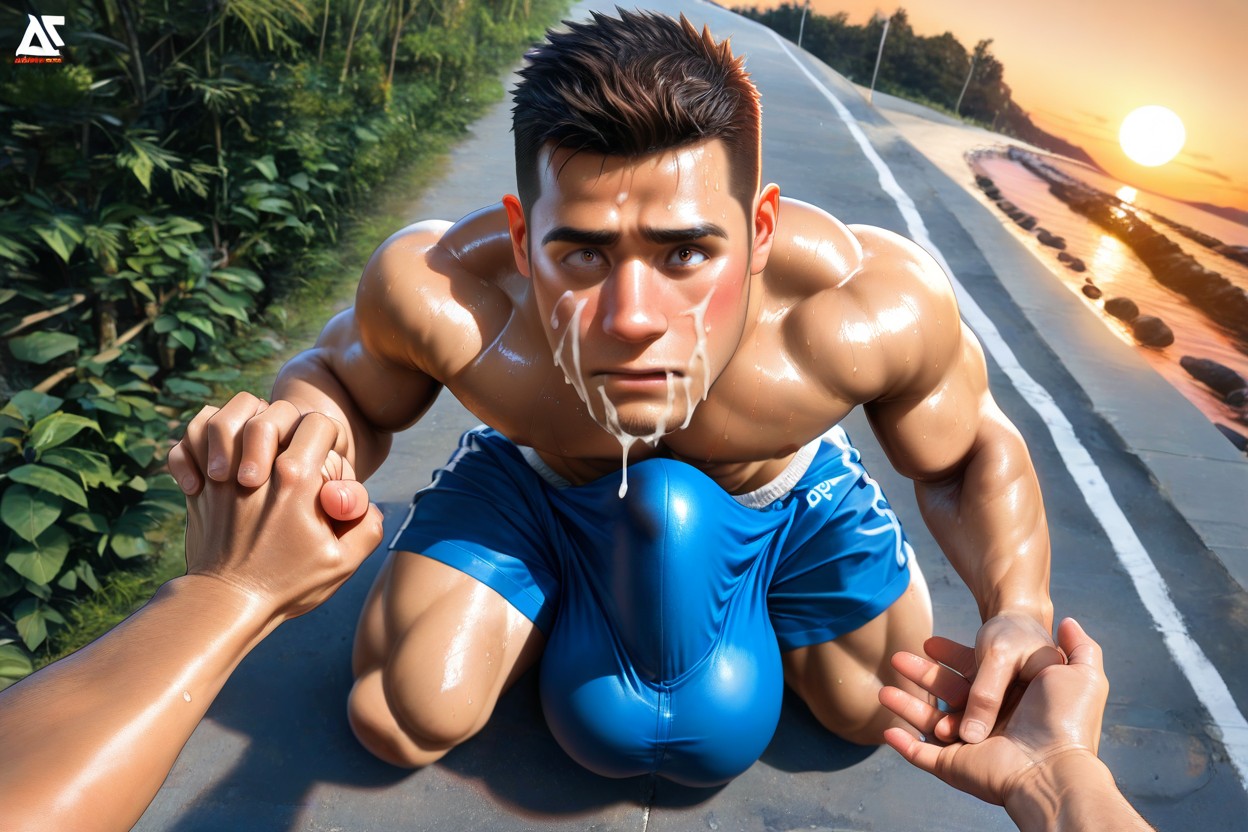 Gymshorts With Hyper Erection Outline Visible, Correct Anatomy, Grabbing Bulge ゲイAIポルノ