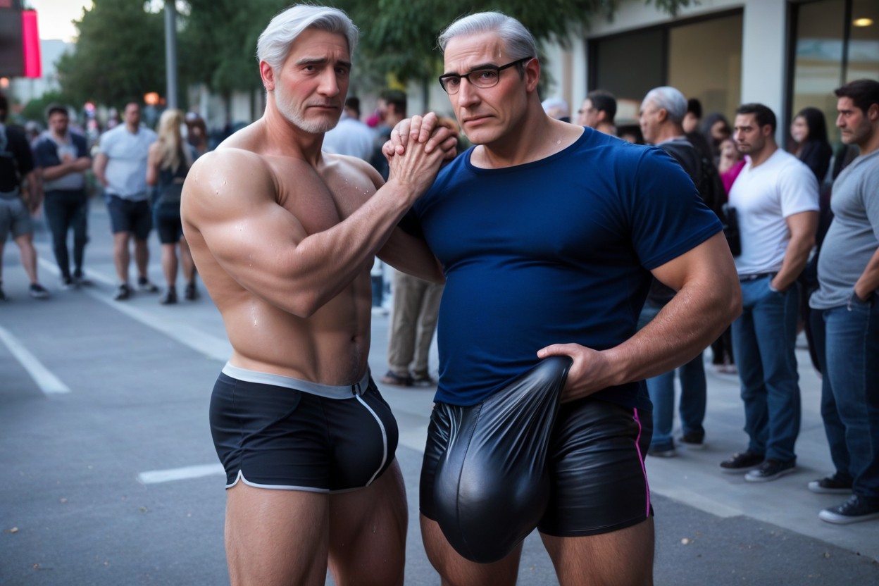 パンチラ, Square Jaw, Fully Erect Hyper Bulge Much Bigger Than Leg Is Tucked Horizontally In Gymshorts ゲイAIポルノ