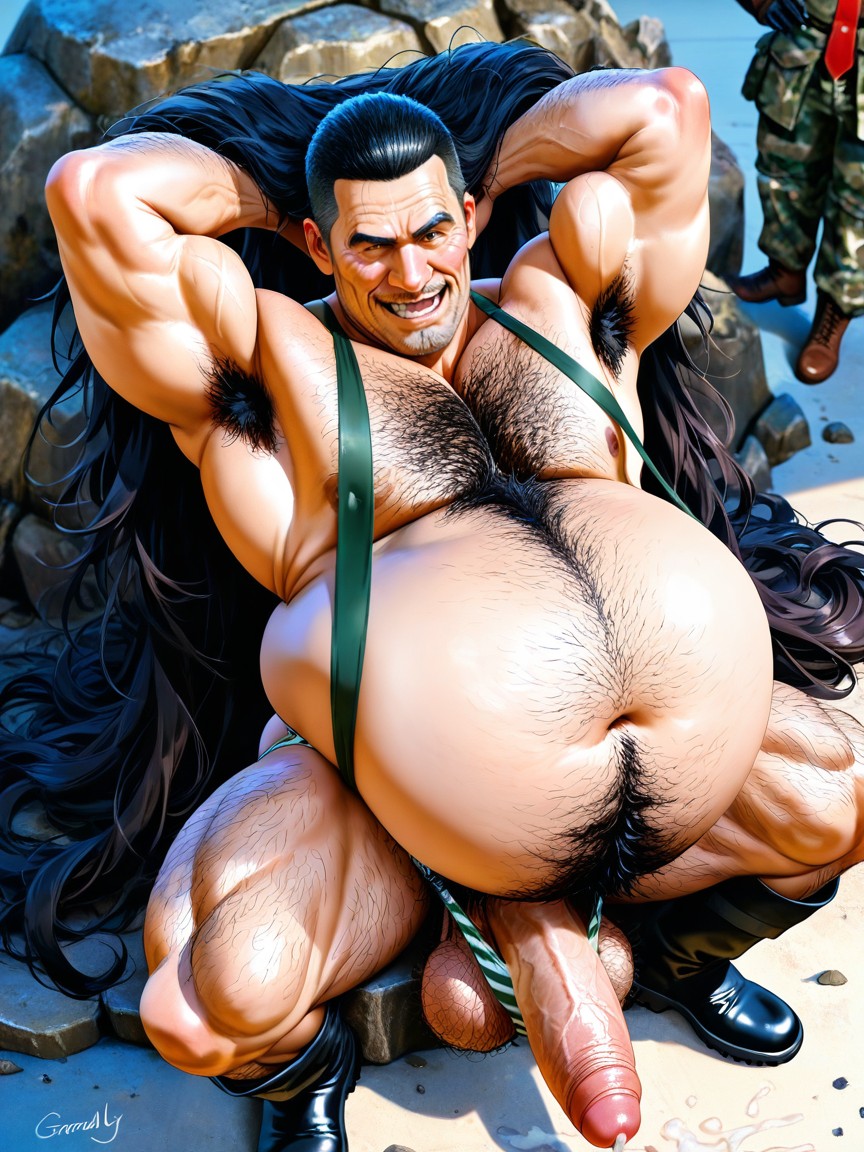 座る, Overly Excessive Chest Hair, Single Mature Hairy Muscular Old Man Alone ゲイAIポルノ