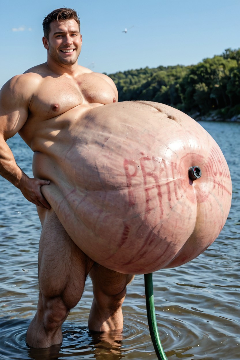 Bursting Belly, In The Foreground Stand Men With The Same Water-filled Bellies, Belly Exploding From Inflation ゲイAIポルノ