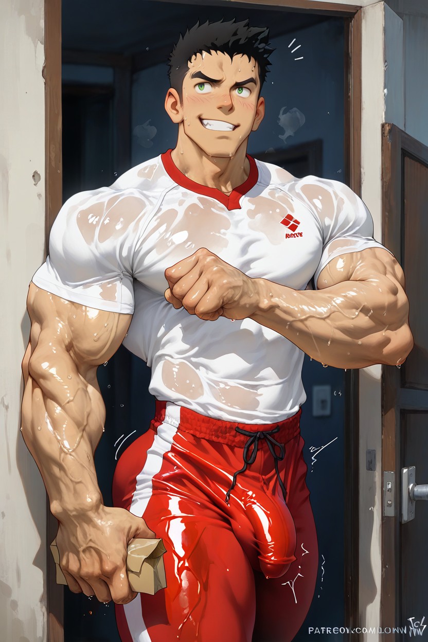 Veiny Body, Huge Thighs, Red Jogging Pants ゲイAIポルノ