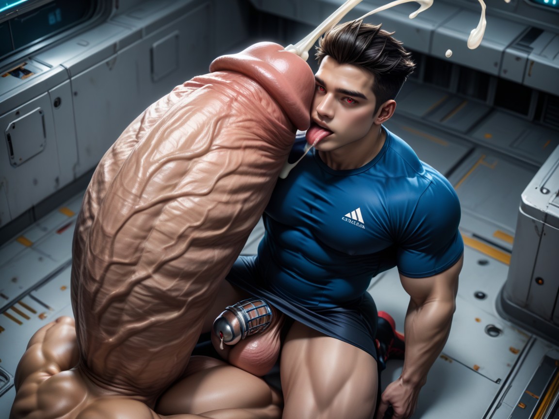 Absurdly Impossibly Giant Colossal Hyper Cock Is Much Taller Than Him, Gay, Licking Kissing Precum From Tip ゲイAIポルノ