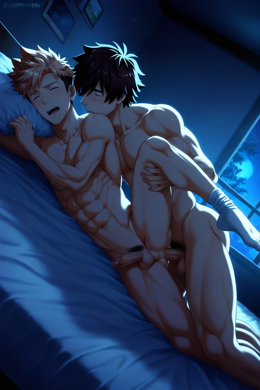 Laying In Bed, Keitaro Camp Buddy, Keitaro Lifts Hiro's Leg Up Pornografia gay com IA