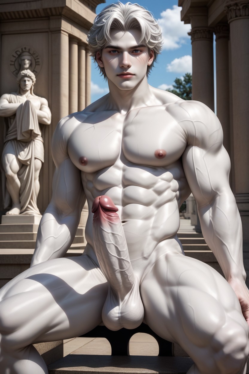 Cosplay, Upward-curved Erect White Marble Penis, White Statue Hair AI Gay Porn