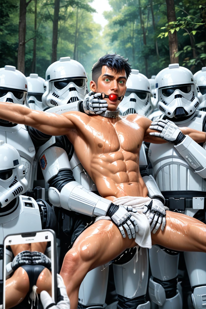 Suspended, Stormtroopers Spread His Ass, Arms Stretched Over Head AI Gay Porn