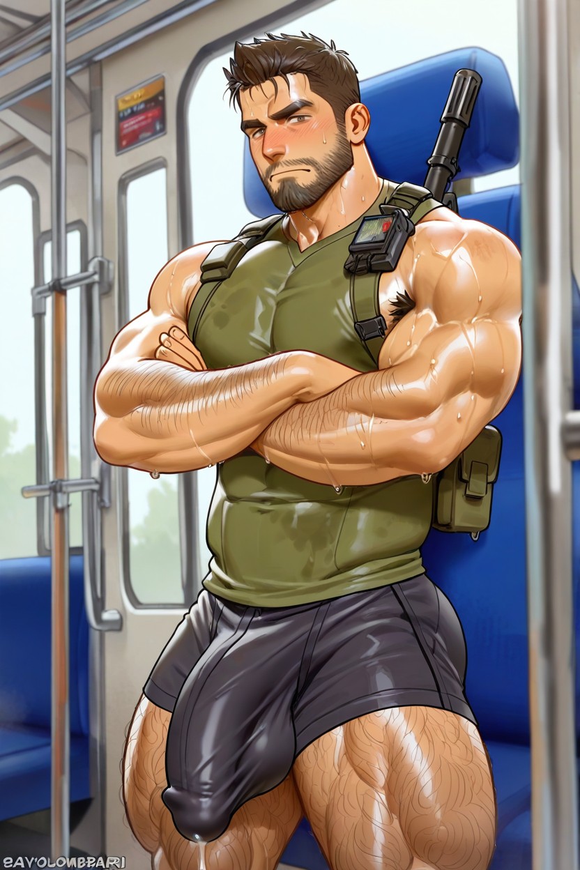 Chris Redfield From Resident Evil, Beautiful Eyes, Male Only Dripping Sweat From Hair AI Gay Porn
