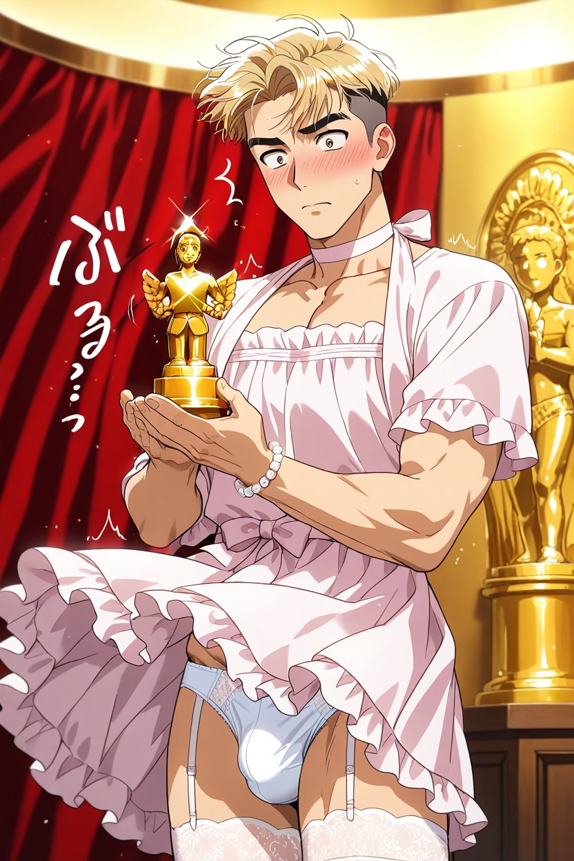 Undercut, Solo Man, Man Wearing Pink Halter Pink Dress ゲイAIポルノ