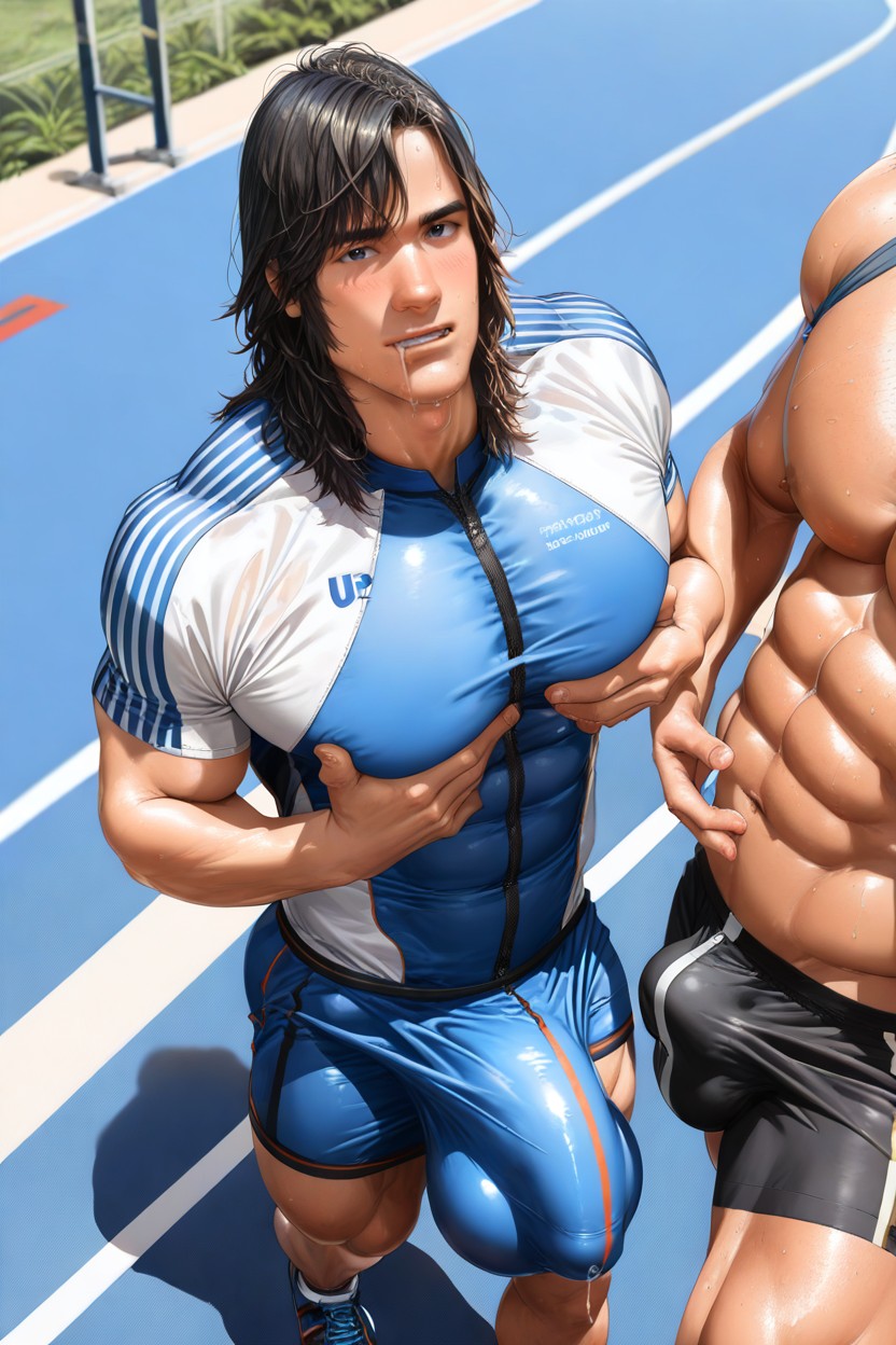 Extremely Erect Hyper Cock, Fully Clothed, Kiss Own Cock Tip ゲイAIポルノ