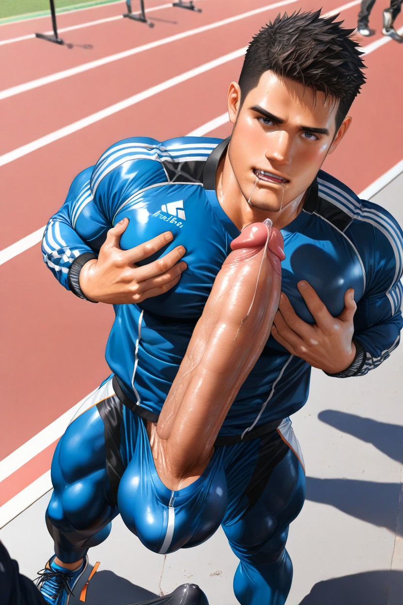 Angular Features, Gay, Giant Hyper Glans With Precum Visible Near Chin Through Opening Tracksuit AI同性戀黃片