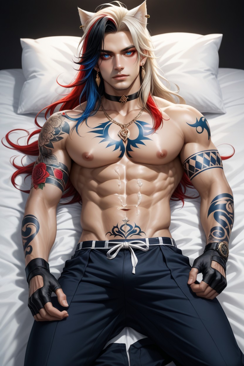 Blue And Red Tattoos, Clean Shaved, Chest Tattoo ゲイAIポルノ