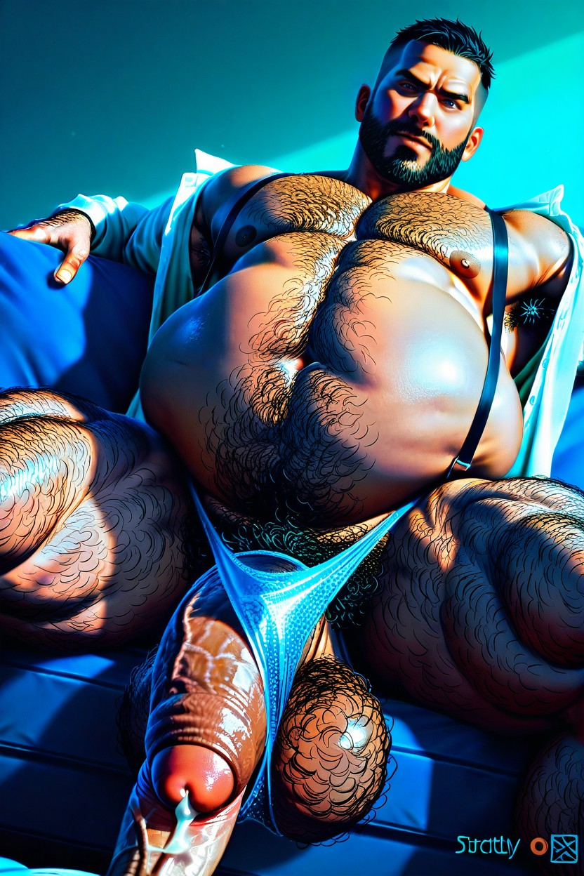 Only One Person, Solo Mature Muscular Man Alone Aggressively Covered In Body Hair, Wide Angle AI Gay Porn
