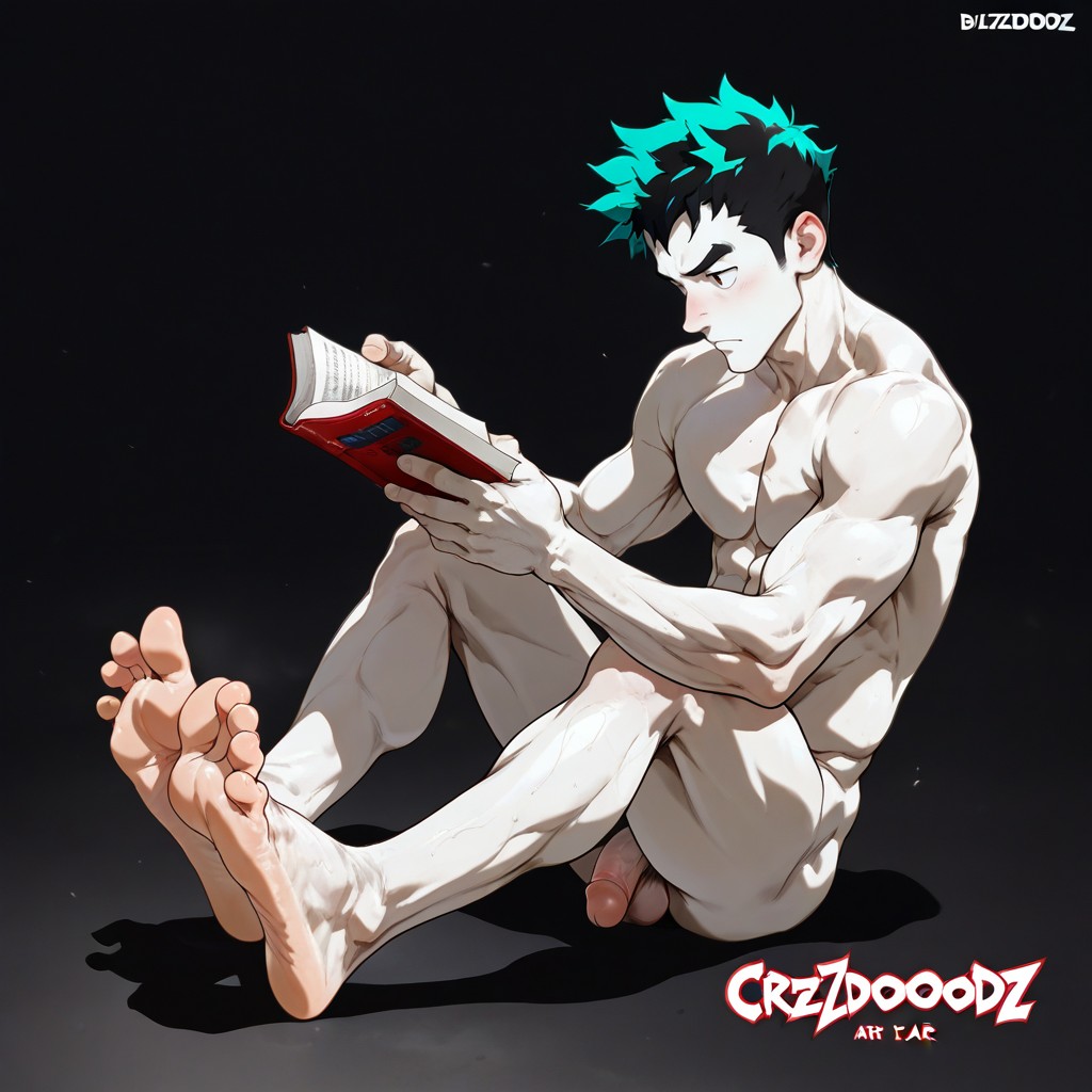 Reading Book, Profile, Naked Man Sitting On Ground AI Gay Porn