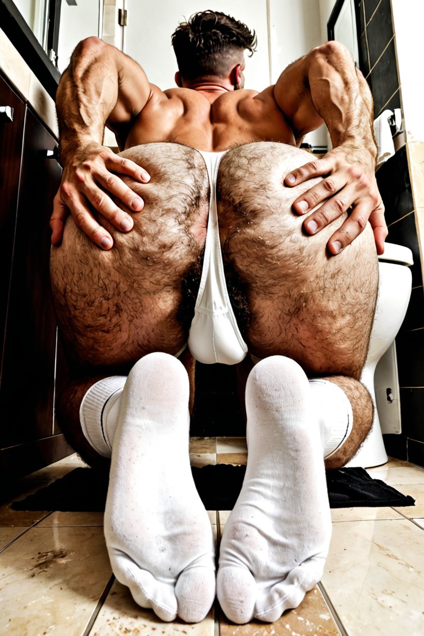 Bathroom, Restroom, His Waist Yet Huge Wide Ass In High-tighty-whities AI Gay Porn