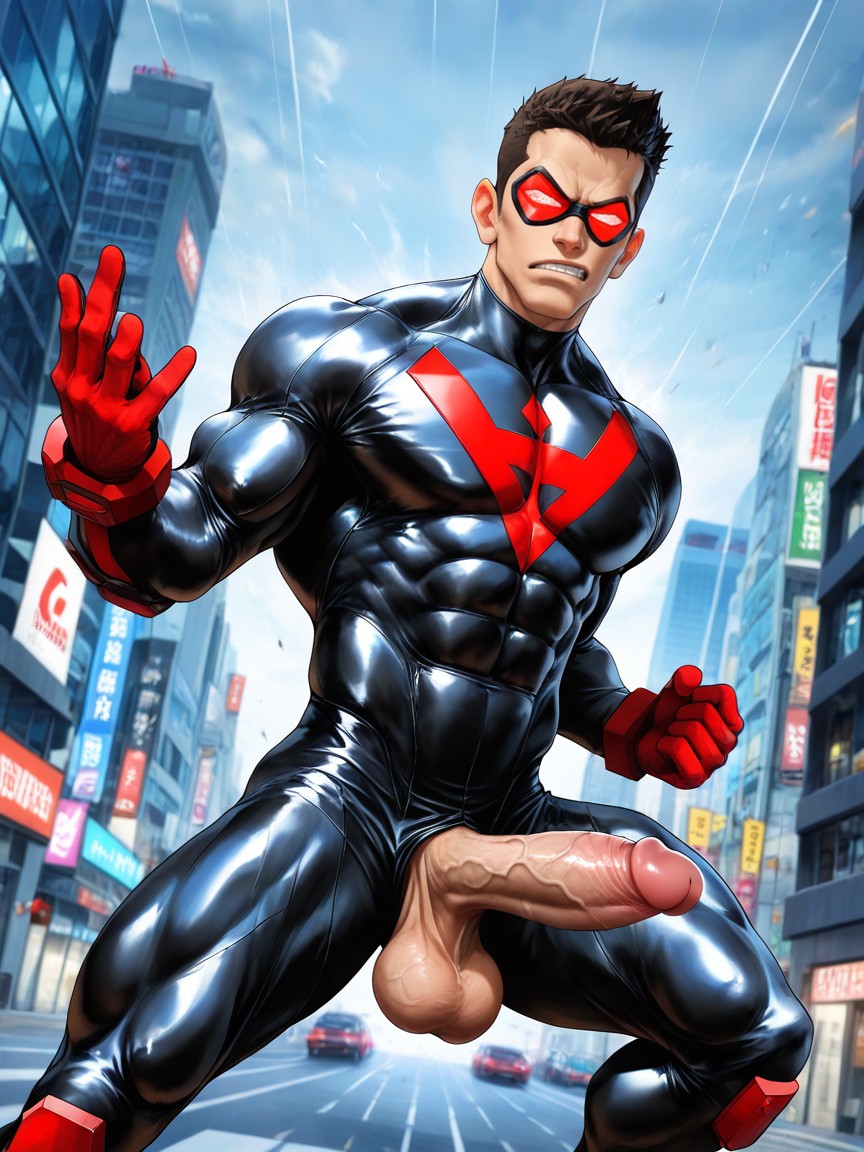White Transparent Skin-tight Superhero Bodysuit, Oversized Muscles, Dynamic Dutch Angle AI Gay Porn