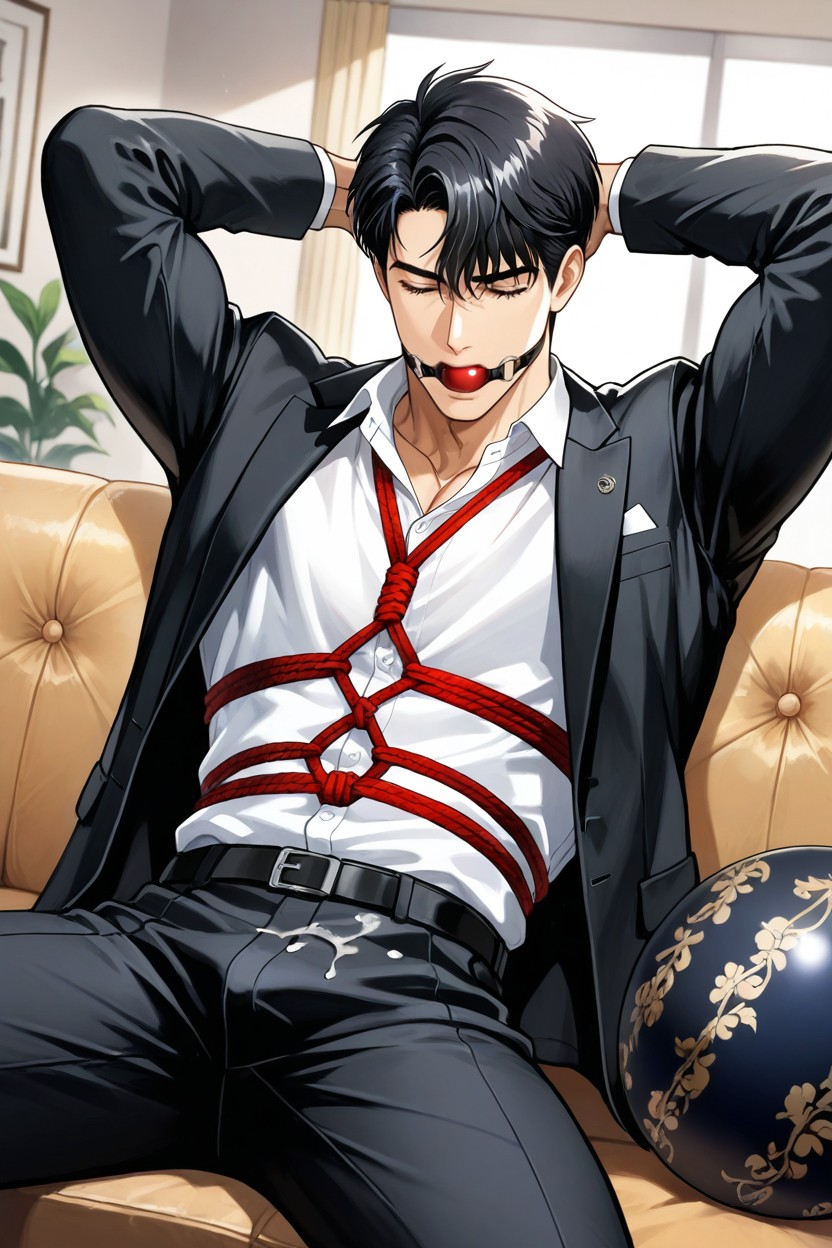 Shirt Inside And Black Jacket Outside, Shibari, Open Pants AI Gay Porn