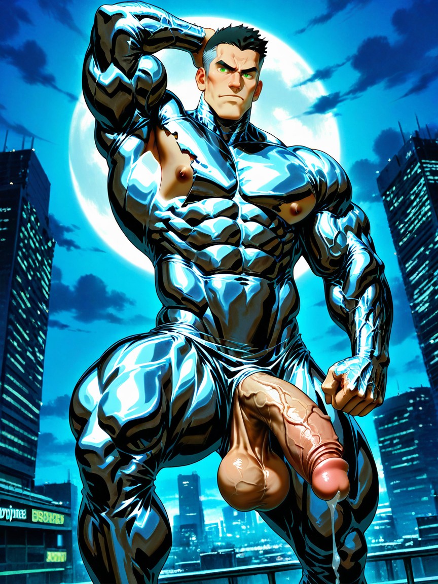 Noche, Músculos Sobredimensionados, Giant Hyper Thick Girth Veiny Flaccid Uncut Cock Porno gay IA