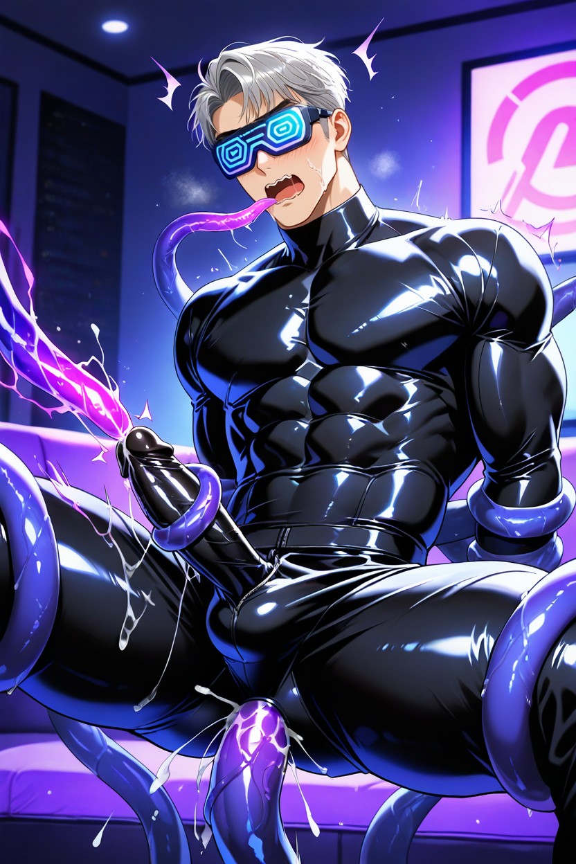 Hypnotic Virtual Reality Glasses With Purple Light On The Face, Anal Penetration, Arms Behind Back AI Gay Porn