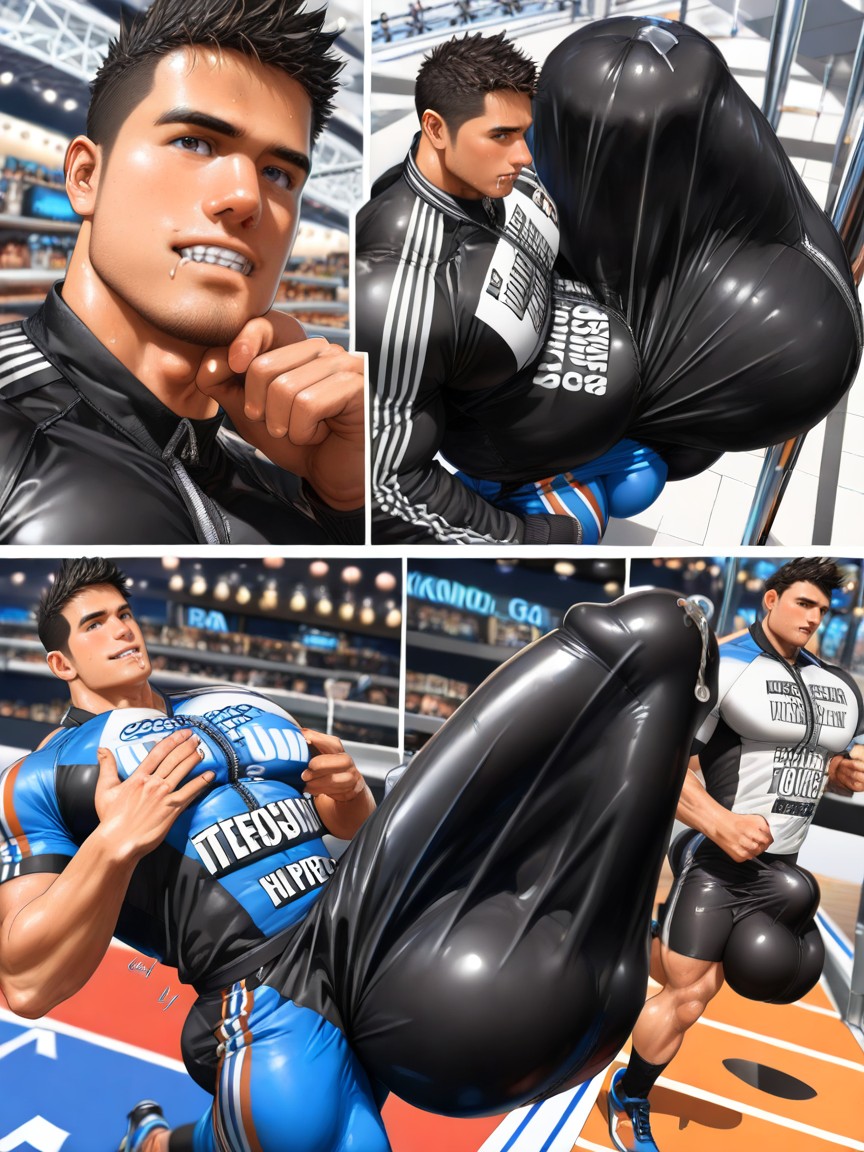 Erection Pressed Against Chest, Pullover, Upwards Bulge Reaches Up To His Chin AI Gay Porn