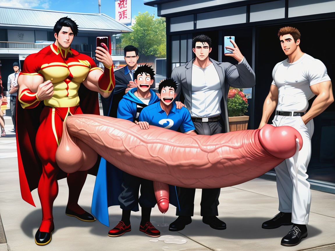 Surreal Absurd Impossible Gigantic Cock Size, Group Photo, Absurdly Surreal Oversized Hyper Cock AI Gay Porn