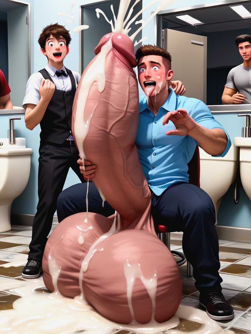 Uncut Hyper Cock Much Bigger Than Leg, Angular Features, Realistic AI Gay Porn