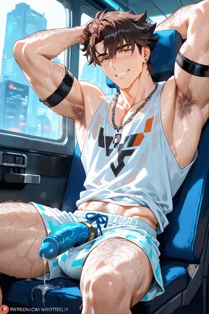 Bus Interior Backgroundextremely Sweaty, Erect Penis, Dripping Precum Through Clothes AI Gay Porn
