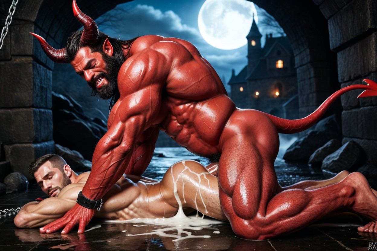 Dungeon, Middle Eastern Bottom, Giant Red Muscle Monster Demon With Big Devil Horns And A Full Long Black Beard And Excessive Hairy Body AI Gay Porn