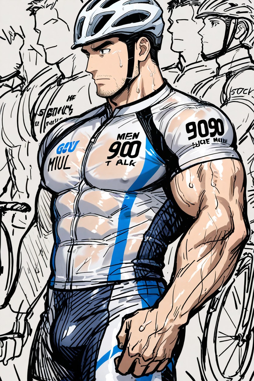 Big Biceps And Triceps, Big Calves, Two Stocky Men In Spandex Cycling And Spandex Jerseys AI Gay Porn