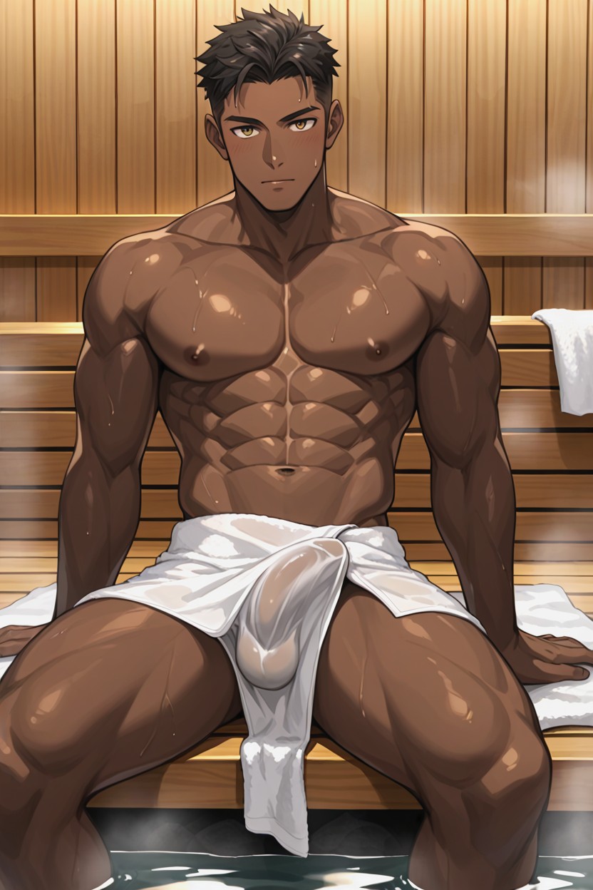 Sauna, Thick Fabric Towel, Muscular AI Gay Porn