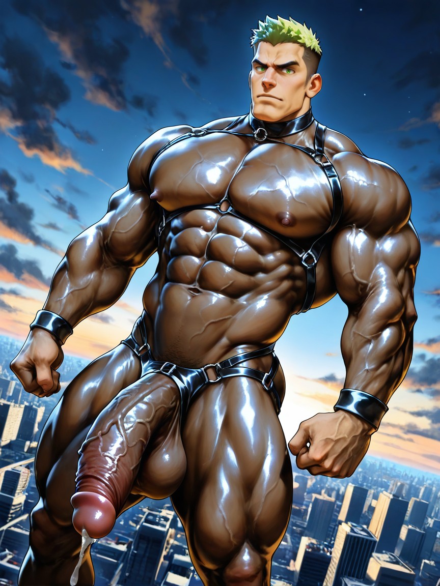 Colossal Male Bodybuilder, Dynamic Dutch Angle, Overlooking A Vast City View AI Gay Porn