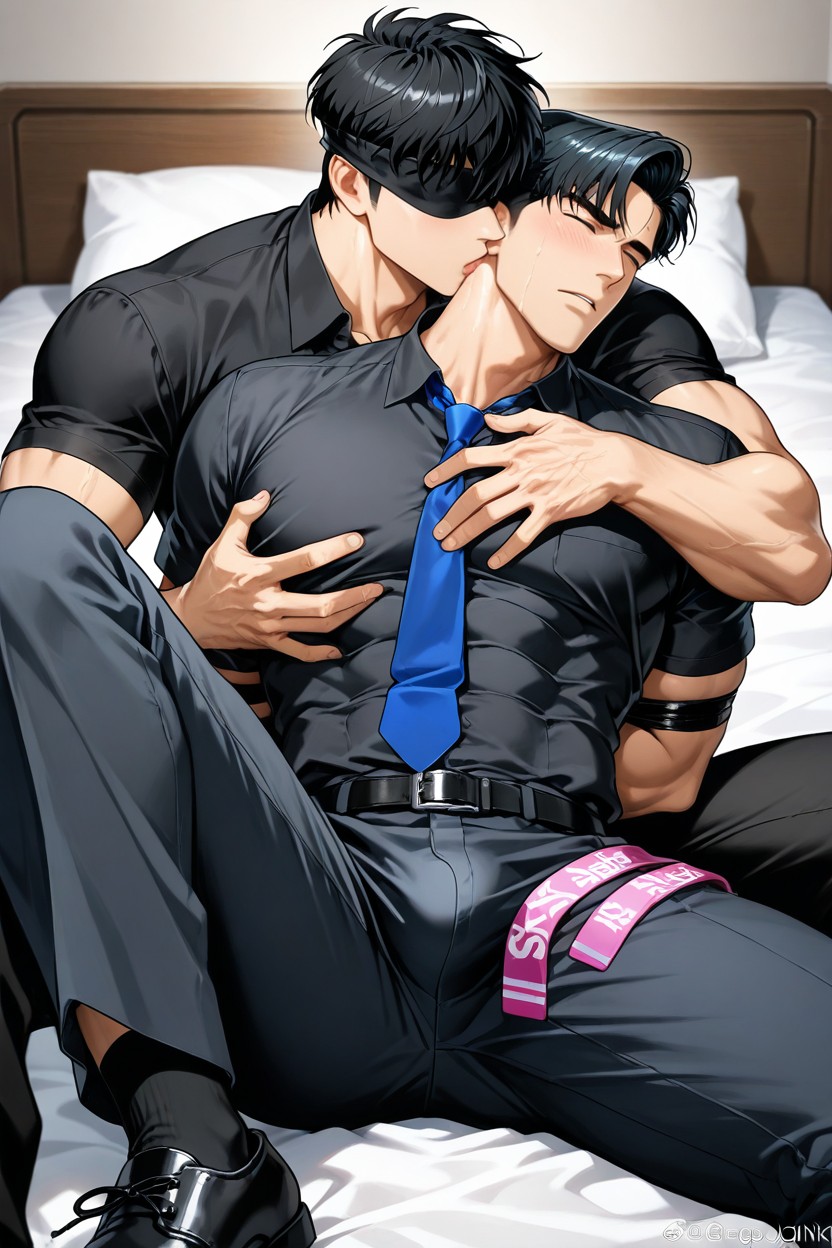 Blindfolded And Ball Gag Only For A Person, Black Dress Shoes, Kiss Neck AI Gay Porn