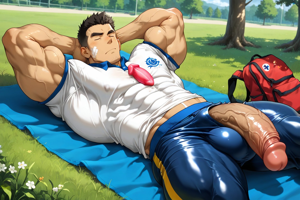 Arms Up, Nipple Visible Through Polo Shirt, Lying On Towel On Grass AI Gay Porn