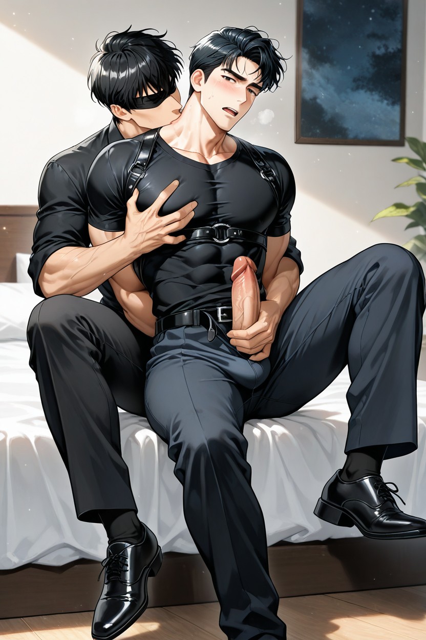 Leather Straps For Shirt, Hugging And Groping Him, Black Hair AI Gay Porn