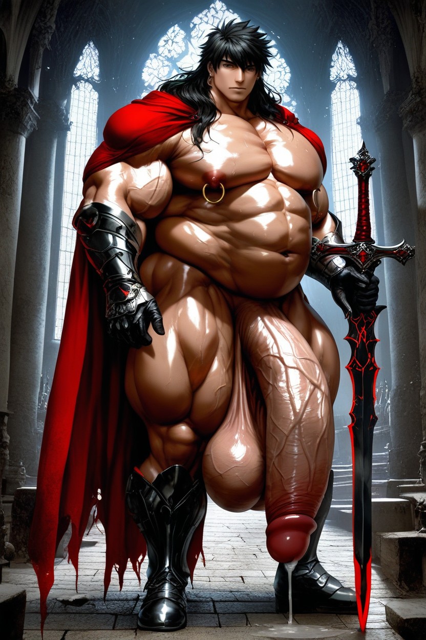Black Hair With Red Highlights, Gigantic Oversized Heavy Sagging Balls, Bulky Muscles 게이 AI 야짤