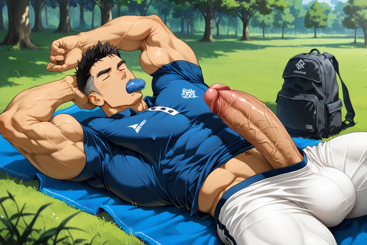 Muscle Sculpted In Clothes, Baggy Gym Half Pants, Biceps Splitting Polo Shirt Open AI同性戀黃片