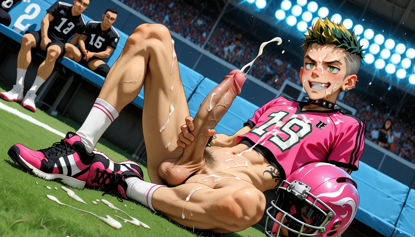 Black Adidas Sneakers, Football Field, Spikes Bracelets Porno IA Gay