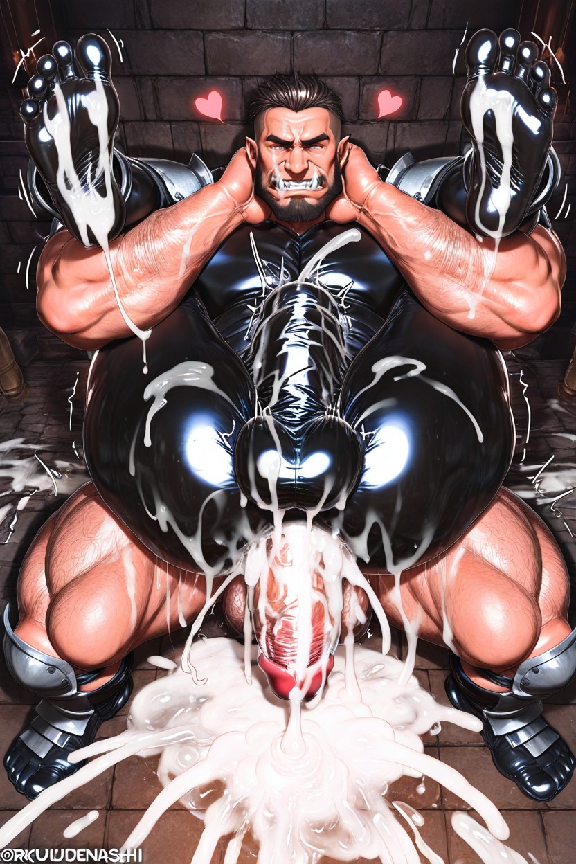 Black Castle In Background, Facial Hair, Black Orc Covered In Latex ゲイAIポルノ